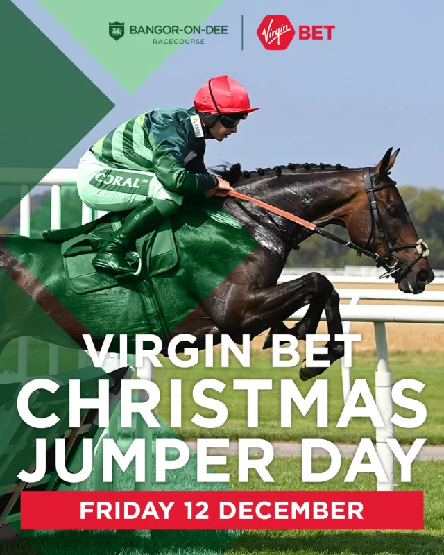 Jingle all the way to Bangor-On-Dee! Join us on Friday 12 December for our @VirginBet Christmas Jumper Day – the final race meeting of 2025!🎄🏇

Grab your best Christmas jumper, bring your friends & family, and enjoy a day full of festive cheer and thrilling races. ✨

🎟 Book your tickets now and don’t miss out on our Lead Booker Goes FREE offer for groups of 10+!

📞Call Guest Services on 01978 780323 to claim.